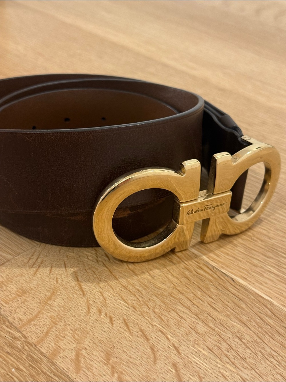 Authentic Salvatore Ferragamo Brown Leather Belt with Gold Gancini Buckle